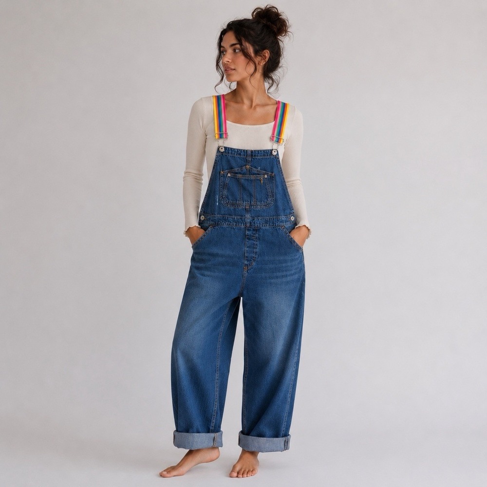 Vintage Unionbay rainbow strap denim overalls women's cropped wide leg Large